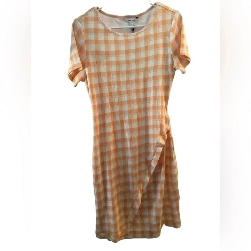 41 HAWTHORNE  ORANGE WHITE CHECKER BRIGITTE KNIT DRESS NWT
